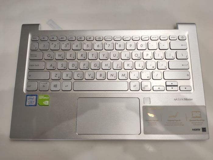 Верхняя часть корпуса (топкейс) Asus vivobook S330F (S13) 13NB0JF1P05011 13NB0JF1P05011-1 13NB0JFXP050XX 0KNB0-1625RU00 с клавиатурой, тачпадом и отпечатком, серебряный с белым